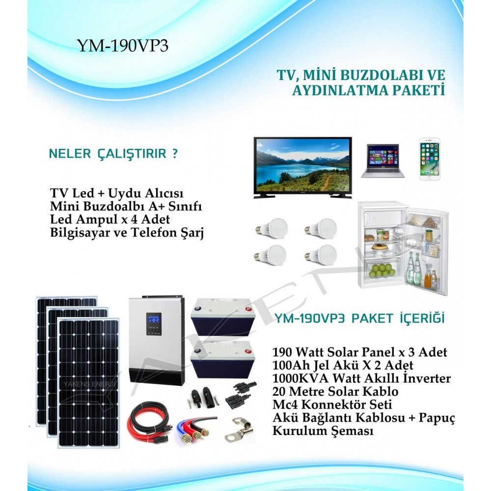 Mini Buzdolabı + Tv + Aydınlatma Monokristal Hazır Solar Paket YM-190MS3 Paket 3